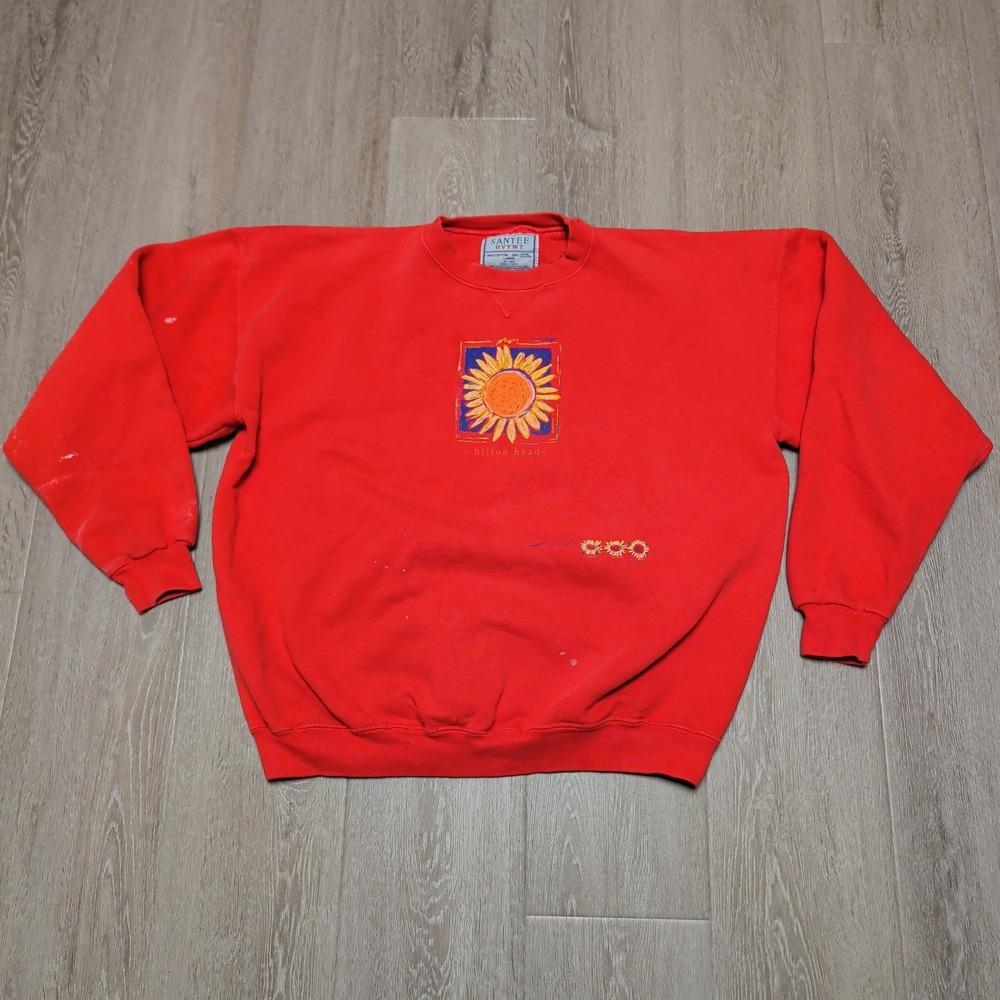 Vintage Santee‎ HVYWT Hilton Head Sunflower Sweatshirt Red Mens L USA Distressed